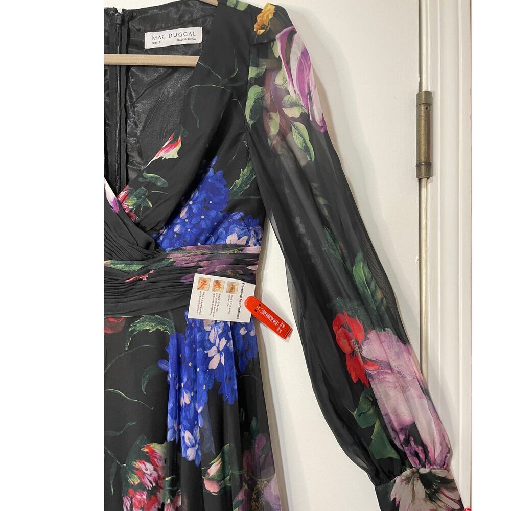 Mac Duggal Long Sleeve Floral Chiffon Gown Black Print 67872 Sz 2 NWT Romantic - Picture 6 of 16